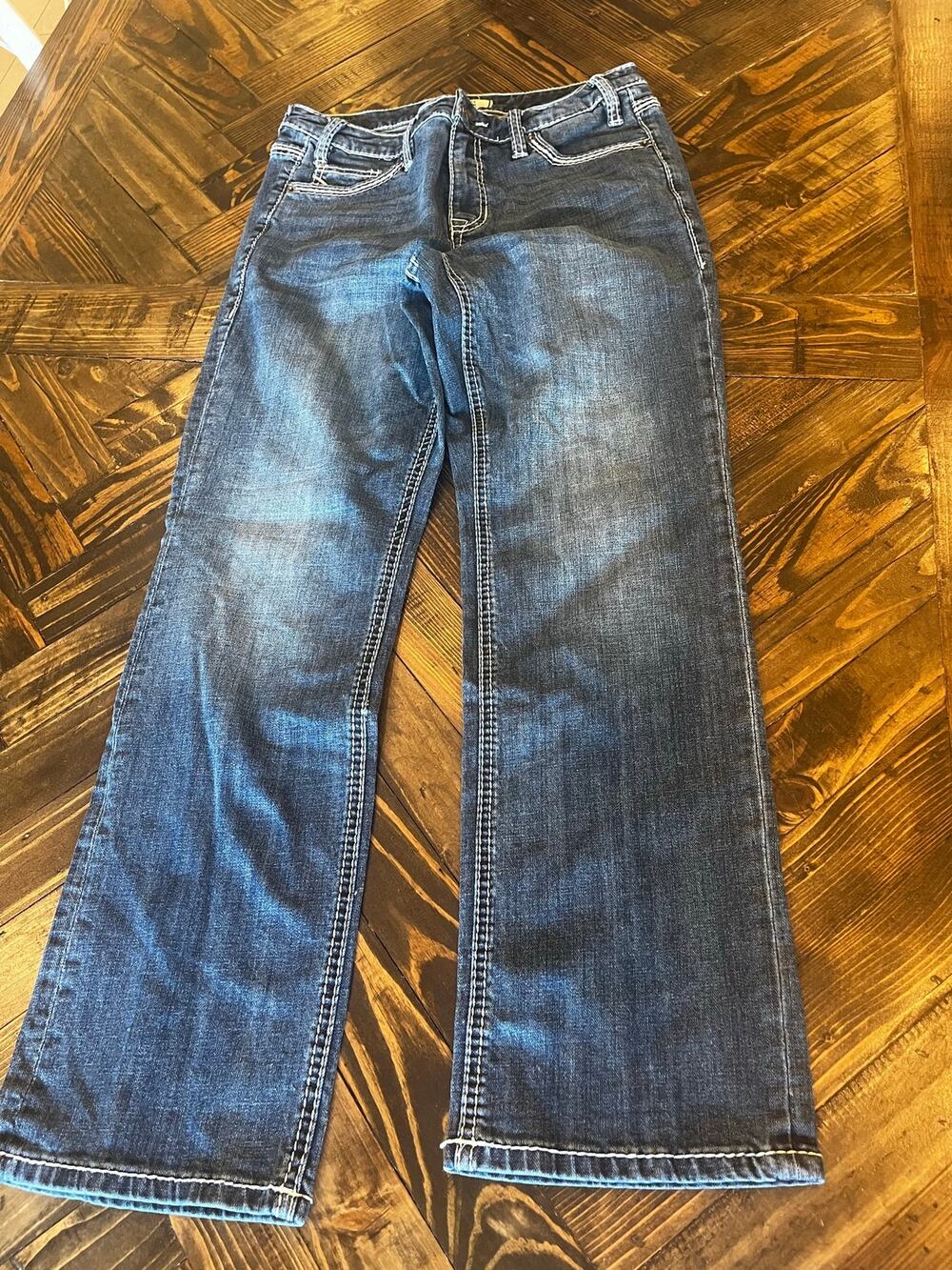 Rock & Roll Mid Rise Modest Boot Western Cowgirl Jeans Women 29x30 Aztec Fringe